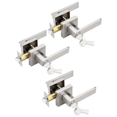 Imagem de Tinewa Pacote com 3 alavancas quadradas para porta de entrada com fechadura e chave, puxadores de porta de entrada de níquel escovado, para portas externas ou internas, quarto, escritório, hotel (cada