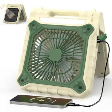 Imagem de KITWLEMEN Ventilador solar de acampamento de 10,2 polegadas com ventilador de bateria recarregável leve, tempo de execução de 38H, 3 velocidades, temporizador de 6H, sinal SOS, ventilador de mesa
