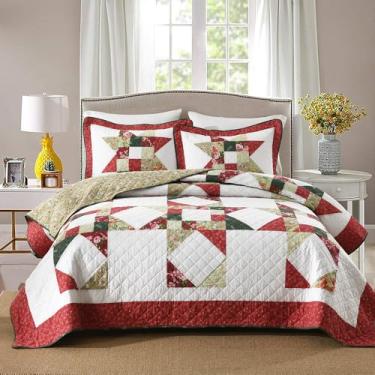 Imagem de camandy Conjunto de cama de edredom de algodão, 3 peças, colcha macia reversível, estrela de luxo, colcha de retalhos, vermelho, branco, tamanho queen