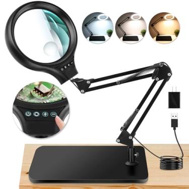 Imagem de NZQXJXZ Lupa grande de 10 x 30 x com luz e suporte, lupa iluminada por LED de 12,7 cm, 3 modos de cores, regulável contínuo, lâmpada de mesa com as mãos livres, para leitura, artesanato, passatempo,