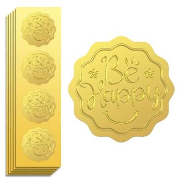 Imagem de Peacoblue Adesivo de folha dourada em relevo Be Happy 5 cm 100 peças, decalques autoadesivos dourados em relevo para decoração de cartão de presente de selo de envelope de certificado de convite