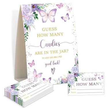 Imagem de Jogos de chá de bebê - borboleta roxa adivinhe quantos doces estão no pote, 1 placa e 50 cartas de adivinhação, jogo de revelação de gênero, suprimentos de decoração de chá de bebê de borboleta (KA16)