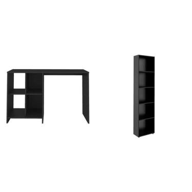 Imagem de Kit 2 Peças Com Escrivaninha Com 4 Nichos E Estante Para Livros 5 Prateleiras Preto