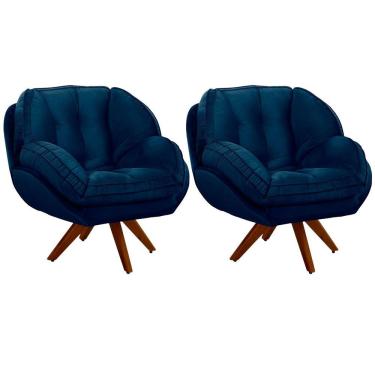 Imagem de Kit 2 Poltronas Para Sala E Escritório Base Giratória Vitória Veludo Azul Marinho