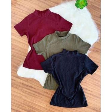 Imagem de Blusa feminina canelada manga curta gola alta básica blogueira - Filó 