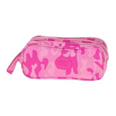 Imagem de Estojo grande 22 cm reforçado camulftado menina juvenil 3 compartimentos triplo Rosa