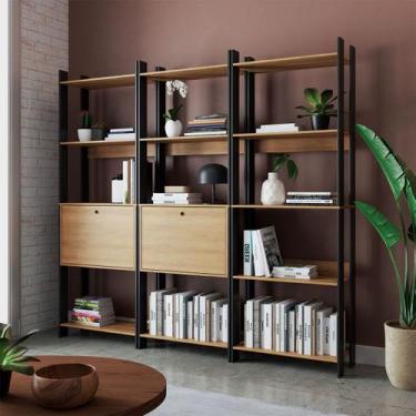 Imagem de Estante para Livros Barcelos 2 Portas 11 Prateleiras Mel/Preto - Pnr M