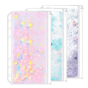 Imagem de Pacote com 3 pastas A6 com 6 furos, pastas de plástico com zíper, à prova d'água, 6 furos, zíper, folhas soltas, envelope com zíper para documentos, cadernos, cartões (lantejoulas decoram com zíper, A6)