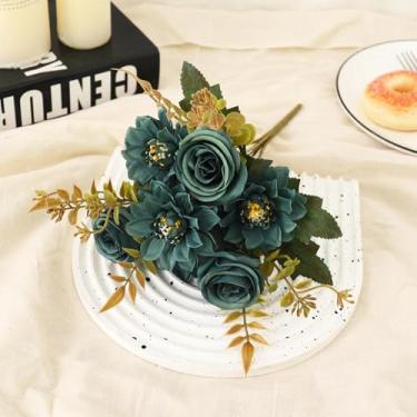 Imagem de Flores artificiais de seda falsa, dália, rosa, buquê de noiva, decoração de outono, casamento, flores artificiais, arranjo de mesa para sala de estar (verde)