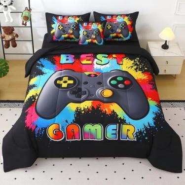 Imagem de JQinHome Jogo de cama solteiro gamer para meninos, cama em uma bolsa, edredom de videogame 3D - jogo de cama de microfibra para todas as estações para crianças, com jogo de cama (arco-íris preto)