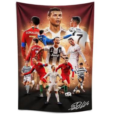 Imagem de IDOLUSTER Cartaz de tapeçaria de parede assinada Cristiano Ronaldo Superstar do futebol para decoração de parede de quarto de fãs de crianças - Tapeçaria Ronaldo para presentes de festa de aniversário