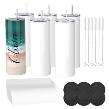 Imagem de Copos de sublimação 590 ml, copos a granel em branco, de aço inoxidável, de parede dupla, isolados a vácuo, com tampas e canudos, para prensa térmica, branco, presentes DIY pacote com 6 (6 unidades, 6