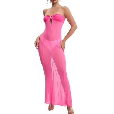 Imagem de AGOSAK Vestido longo de malha transparente, sem alças, transparente, tubo, vestido longo, festa, Rosa escuro, G