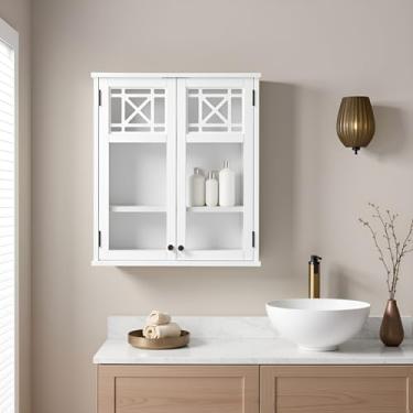 Imagem de Armário de banheiro Alaterre Derby montado na parede, acabamento branco, portas de grade de vidro temperado, 68 cm L x 73 cm A, madeira verdadeira, prateleiras ajustáveis, resistente à umidade