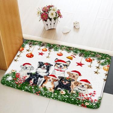 Imagem de Merry Christmas Tapete de banho engraçado cachorro verde árvore de Natal galhos vermelho bola de Natal floco de neve animal fofo inverno férias tapete de banheiro cozinha banheiro tapete 45 x 75 cm