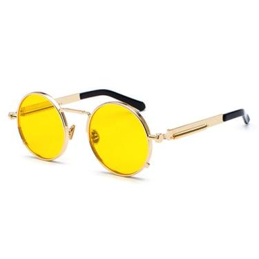 Imagem de Óculos de sol punk masculino e feminino, retrô, redondo, pequeno, vintage, armação de metal, óculos de direção, dourado e amarelo, BH01