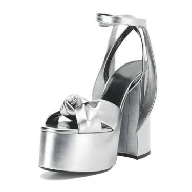 Imagem de Goolita Salto grosso com cadarço plataforma para mulheres, bico aberto, tira no tornozelo, sandálias de salto com laço sexy fashion sapatos de festa à noite, Prata, 7