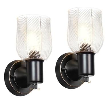 Imagem de Conjunto de 2 arandelas de parede - Luzes pretas foscas para banheiro modernas luminárias de parede com interruptor rotativo - Luz de montagem na parede com vidro listrado, lâmpada de parede de