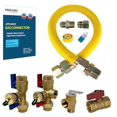 Imagem de PROCURU 2,5 cm OD x 45,7 cm (1,5 pés) x 3/4 "MIP x 3/10.2 cm FIP Conector de gás flexível com válvula de gás e kit de válvula de serviço (FxF), tubo MaxFlow de aço inoxidável para aquecedor de água