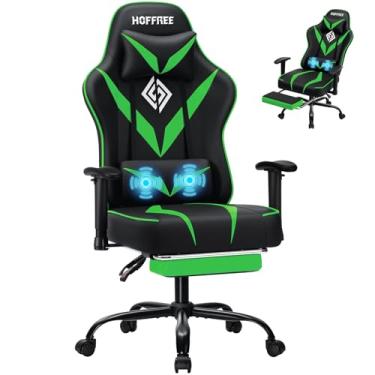 Imagem de HOFFREE Massage Gaming Chair for Adults 155° Reclining Computer Gamer Chair with Footrest and Adjustable Armrests Ergonomic Video Game Chairs Green and Black
