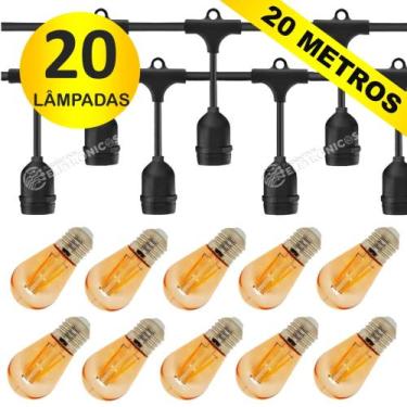 Imagem de Varal de Luz 20m com 20 Soquetes + 10 Lâmpadas LED S14 2W 110v IP65 Re