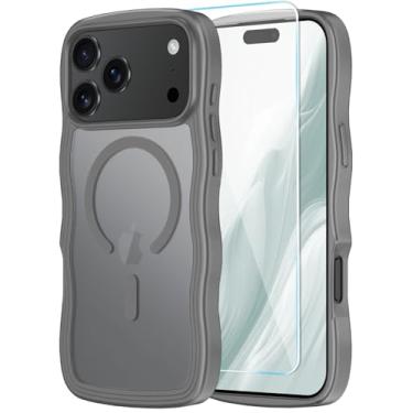 Imagem de SunStory Capa compatível com Phone Pro 17 com protetor de tela HD, [compatível com MagSafe] Capa de telefone fosca translúcida ondulada fofa para Phone Pro 17, cinza