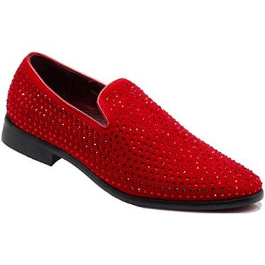 Imagem de Sapato social masculino SPK26 vintage de veludo com strass e mocassins, Vermelho, 9.5