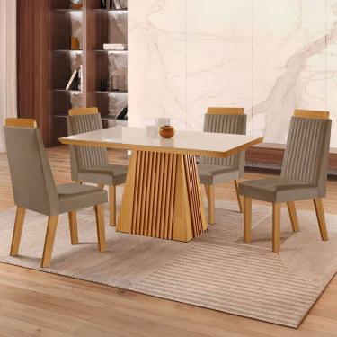 Imagem de Mesa de Jantar 4 Lugares áustria Ripado com Vidro Castanho/Cinamomo/Suede Capuccino - Lj Móveis