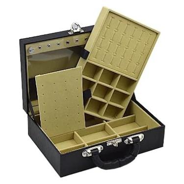 Imagem de Caixa Maleta Estojo Porta Joias Bijuterias Dupla Media com espelho Preta(INTERNO BEGE)