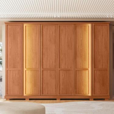 Imagem de Guarda Roupa Casal Magno 6 Portas de Bater 4 Gavetas e LED MDF Freijo 