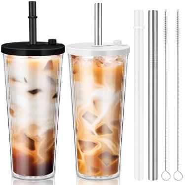 Imagem de Honeydak 2 conjuntos de copos de café gelado reutilizáveis de 680 g com tampas e canudos à prova de vazamento de parede dupla isolados de plástico transparente com escovas de palha (preto, branco)