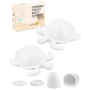 Imagem de boeemi Tampas de parafuso de vaso sanitário decorativas - 2 peças de tampas de parafuso de vaso sanitário de tartaruga marinha branca decoração de banheiro com 2 tampas redondas de plástico e arruelas