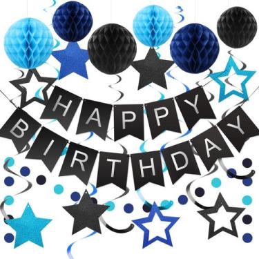 Imagem de Decorações de aniversário meowtastic Feliz aniversário preto e azul