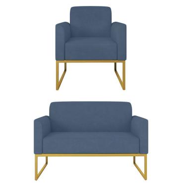 Imagem de Kit Namoradeira e 1 Poltrona Decorativa Base Industrial Dourada Maressa S04 Suede Azul Marinho - Ibiza