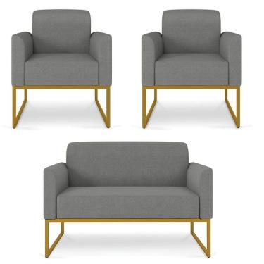 Imagem de Kit Namoradeira e 2 Poltronas Decorativas Base Industrial Dourada Maressa A26 Linho Grafite - Ibiza