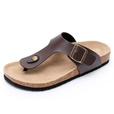 Imagem de WTW Sandália feminina de couro genuíno com palmilha de cortiça com fivela ajustável, sandálias de verão para caminhadas ao ar livre, Marrom, 41