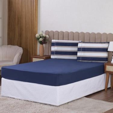Imagem de Lençol 400 Fios 3 Peças Micropercal C/Elástico | Estampado Com Fronha | Solteiro Casal Queen King (King, Marinho Real)