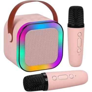 Imagem de Microfone Karaokê Portátil com Alto-falante Bluetooth LED, Luzes RGB, Controle de Volume, Cor Rosa e Bege Envio Sortidos