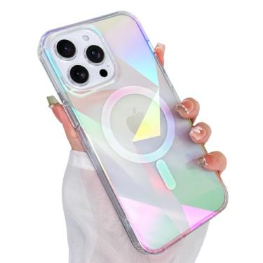 Imagem de Heaofei Capa fofa para iPhone 15 Pro para mulheres e meninas [compatível com Magsafe] Capa de telefone magnética brilhante com glitter transparente e estética feminina, arco-íris brilhante, geometria