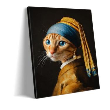 Imagem de Impressão artística em tela de gato engraçado com brinco de pérola - Decoração de parede de retrato de animal moderno para sala de estar e escritório em casa - Presente exclusivo para amantes de