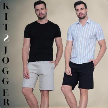 Imagem de Kit 2 Bermudas Jogger Masculina De Sarja Com Elastano Cordão Ajustável