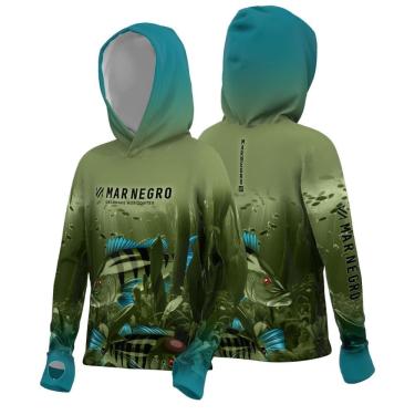 Imagem de Camisa para Pesca Infantil manga longa com capuz Mar Negro X-Protection Tucuna Family com proteção UV50+