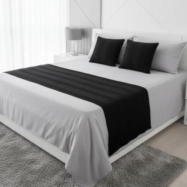 Imagem de Kit peseira manta trico cama casal queen king para sofá com 2 almofadas decorativa cama posta (Preto, Casal/Sofá)