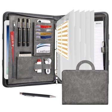Imagem de Leathario Fichário de portfólio, inclui 5 divisórias de índice de pastas, organizador de tablets de 13 polegadas com alça, pasta A4 de couro vegano, bloco de notas com vários bolsos, agenda de