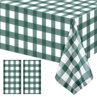 Imagem de Pacote com 2 toalhas de mesa xadrez verde sálvia listradas, capas de mesa retangulares de plástico descartáveis, 137 x 272 cm, toalhas de mesa quadriculadas verdes para piquenique, aniversário, festa