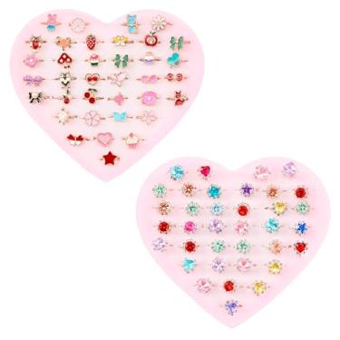 Imagem de Anéis infantis, conjunto de 72 anéis para meninas adolescentes, ajuste ajustável com cores vibrantes em caixa em forma de coração para idades de 4 a 12 anos