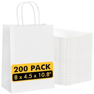 Imagem de RACETOP Sacos de papel branco com alças a granel 20,3 x 11,4 x 27,4 cm, 200 peças, sacos de presente brancos com alças, bolsa de presente a granel para varejo, festa, compras, Natal, mercadoria
