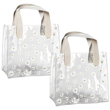 Imagem de Heran Pacote com 2 sacos de flores transparentes para presente de aniversário com alças para mulheres e meninas, sacola de plástico reutilizável para festa de casamento, aniversário, embalagem de