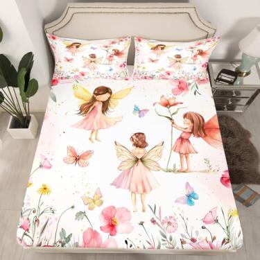 Imagem de Erosebridal Jogo de cama queen de fada sonhadora, jardim de fadas rosa, para meninas e crianças, lençol com elástico com borboleta floral fofa, 3 peças, lençol com elástico (sem lençol de cima)