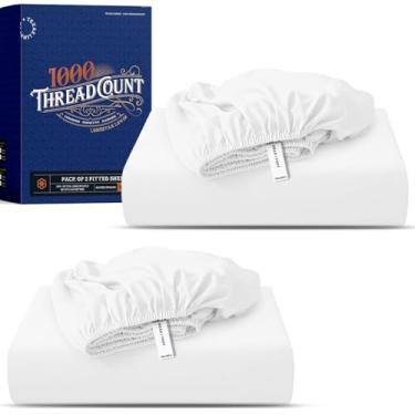 Imagem de TEXAS LINEN CO. Pacote com 2 lençóis King de algodão egípcio – lençol de baixo de qualidade de hotel de luxo com bolso extra profundo (branco), macio, refrescante, trama de cetim